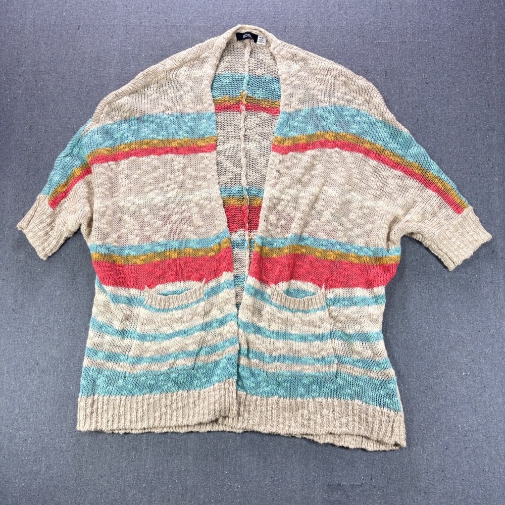 BDG Cardigan Sweater Women Medium Tan Striped Open Front Short Sleeve Popcorn